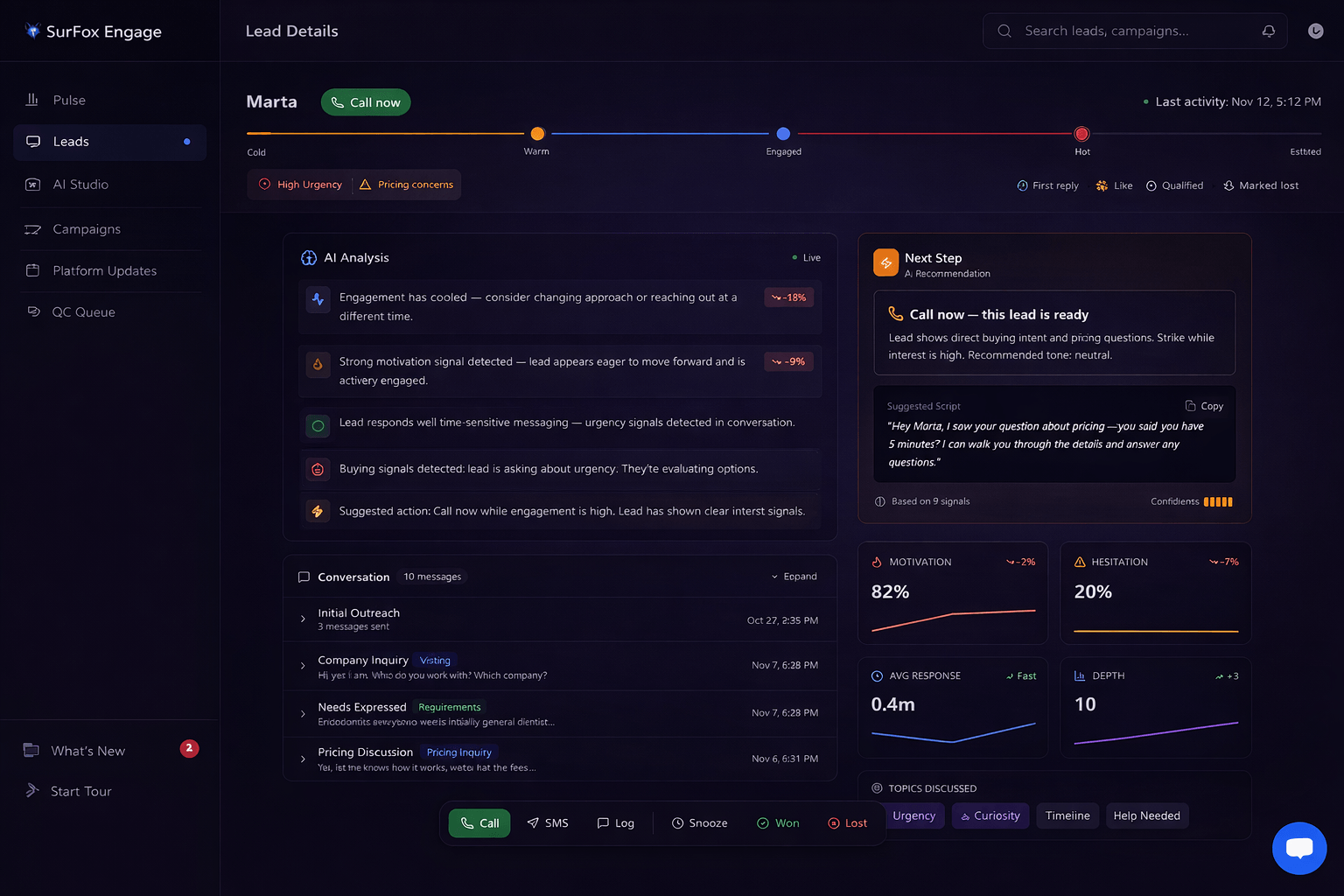 SurFox AI hot lead detail view with conversation history, qualification score, and recommended next steps